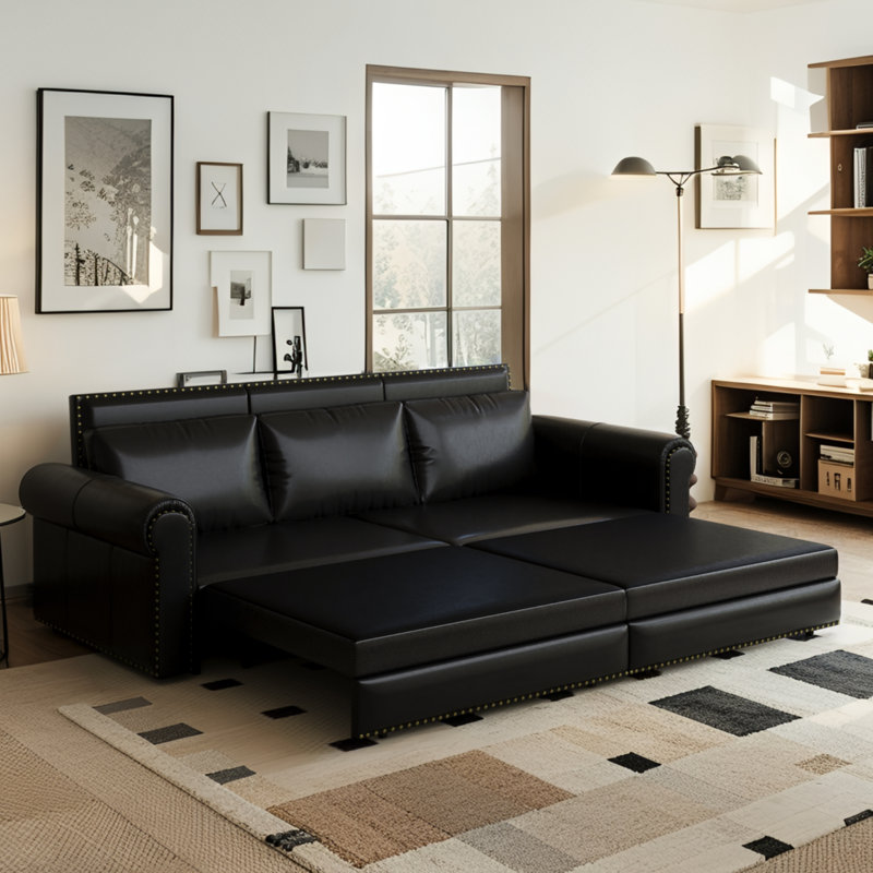 Chesterfield King Sofa Bed, 3-in-1 Faux Leather & Nailhead Trim, Black