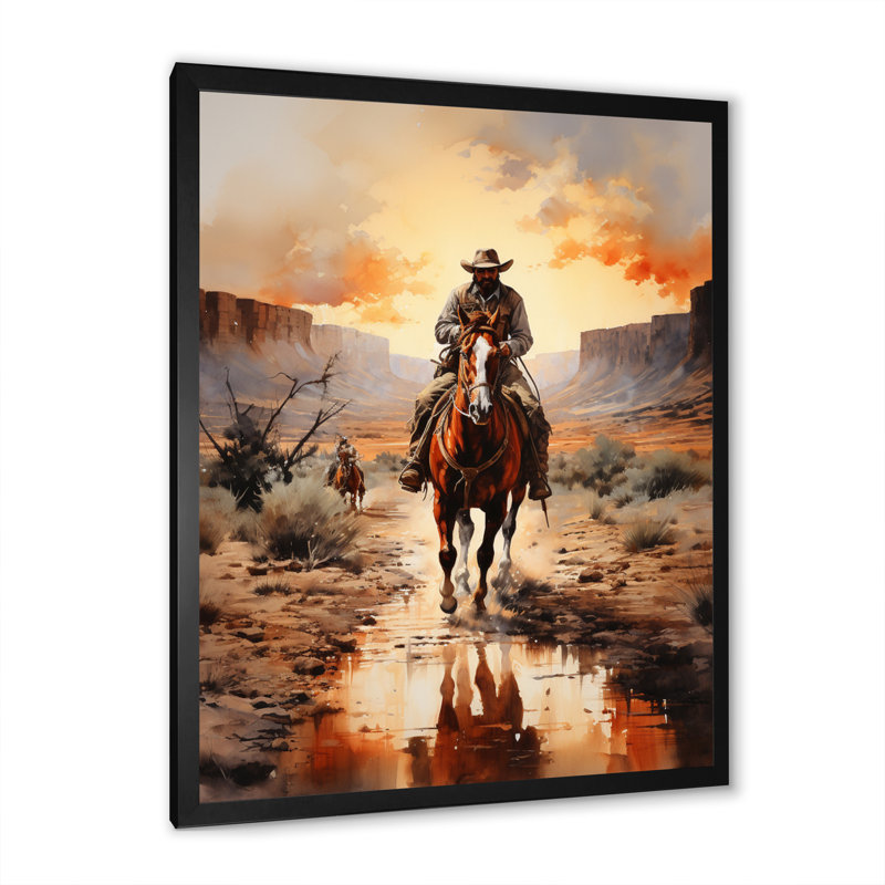 Mabe Cowboy Chassant le coucher du soleil II - Cowboys, art mural, Cadre photo noir, H 44 po x l 34 po x P 1,5 po
