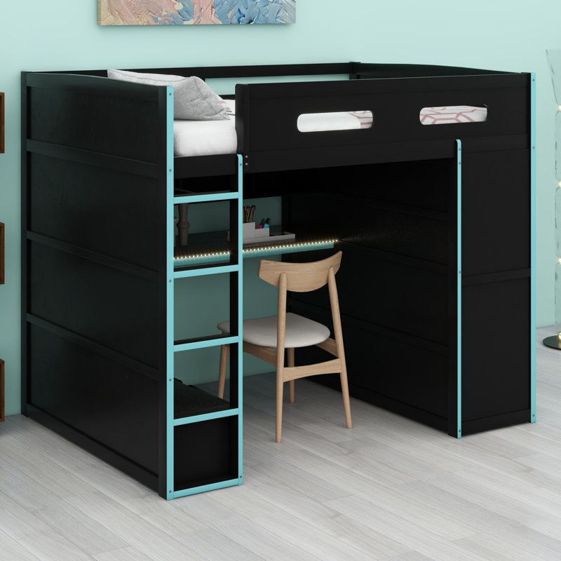 Wood Loft Bed With Desk,Wardrobe,Ample Storage Space,And RGB LED Light, Cloud Blue
