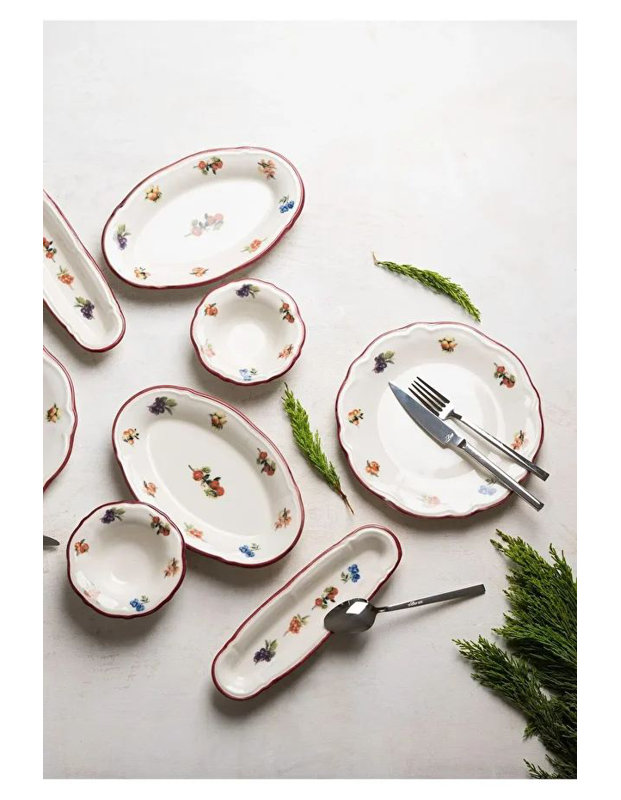 Ensemble de petit-déjeuner élégant 14 pièces, 100% porcelaine | Comprend 6 assiettes de service (7,9 pouces), 4 bols Joker (3,9 pouces), 2 plaques d'huile (7,5 x 4,7 pouces), 2 plateaux (7,9 x 2,8 pouces) | Va au lave-vaisselle et au micro-ondes, parfait pour un repas élégant