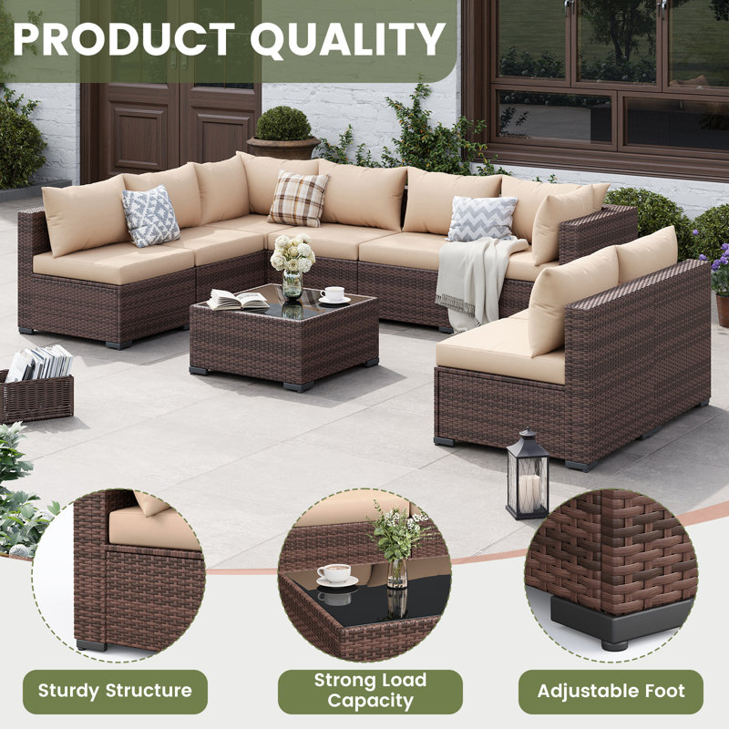 9 Piece Rattan Sectional Seating Group with Cushions, Beige
