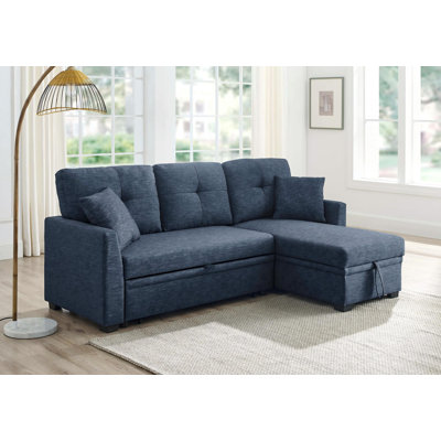 76.5" Linen Blend Upholstered Sectional With Pull-out Bed And Chaise Storage