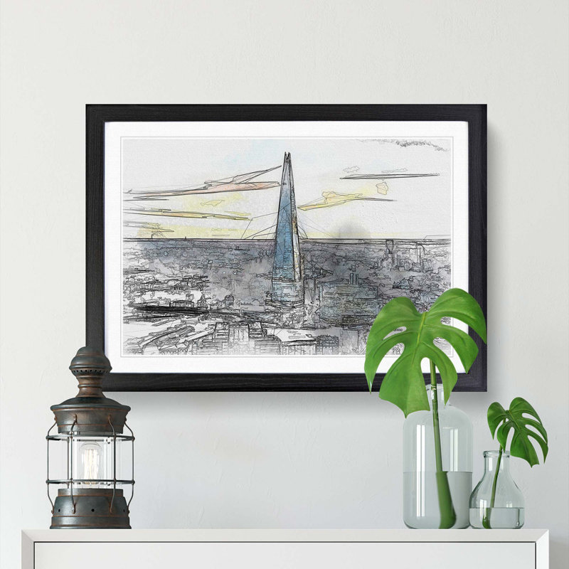 The Shard London England Skyline in Abstract - Picture Frame Graphic Art Print, Black, 35cm H x 50cm W x 2cm D