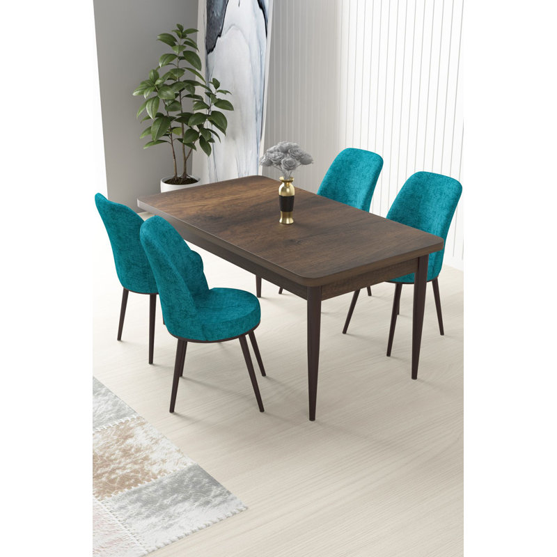 Ensemble de table et chaises de salle à manger moderne 5 pièces, baroque et turquoise | 100% aggloméré mélaminé, table: 43,3 po x 29,9 po x 27,9 po | Pieds en métal, sièges en mousse confortables (22 et 28) | Élégant et durable pour les maisons contemporaines
