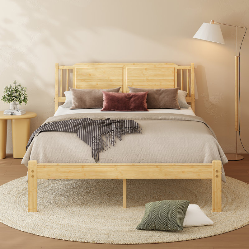 Queen 14" Heavy Duty Solid Wood Bamboo Platform Bed Frame With Headboard, Metal Slat Support, Easy Assembly, Queen