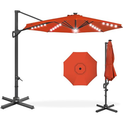 Products 10Ft Solar LED Cantilever Patio Umbrella, 360-Degree Rotation Hanging Offset Market Outdoor Sun Shade For Backyard, Deck, Poolside W/Lights, Easy Tilt, Cross Base
