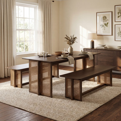 Rubber Wood Dining Table Set Walnut Mid-Century