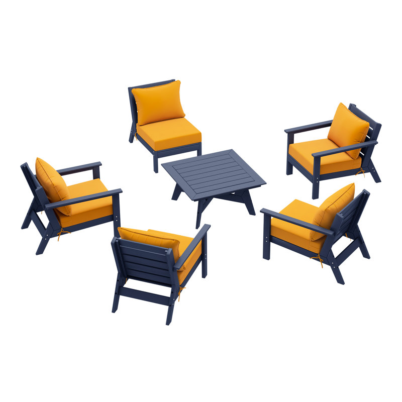 6-Piece Deep Seating Set, Navy Blue, Yellow