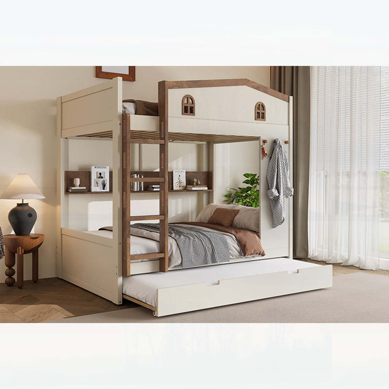 Lit superposé double avec lit gigogne, tablettes de rangement et crochets, bois massif, aucun sommier nécessaire, beige et naturel