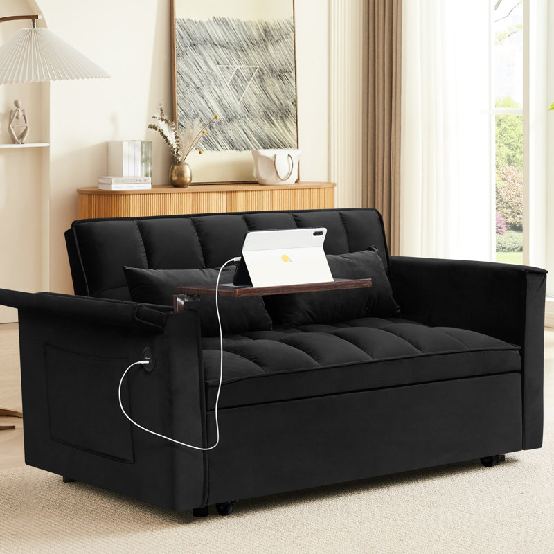 Lit convertible de 55,5 po, velours double contemporain avec dossier réglable, bureau latéral et coussins moelleux pour la maison, table cachée moderne avec accoudoirs, chambre de port