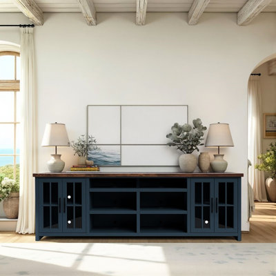 Meuble télé, sans assemblage, bleu denim et whisky, meuble télé pour 85 téléviseurs ou plus, peuplier massif, assemblage