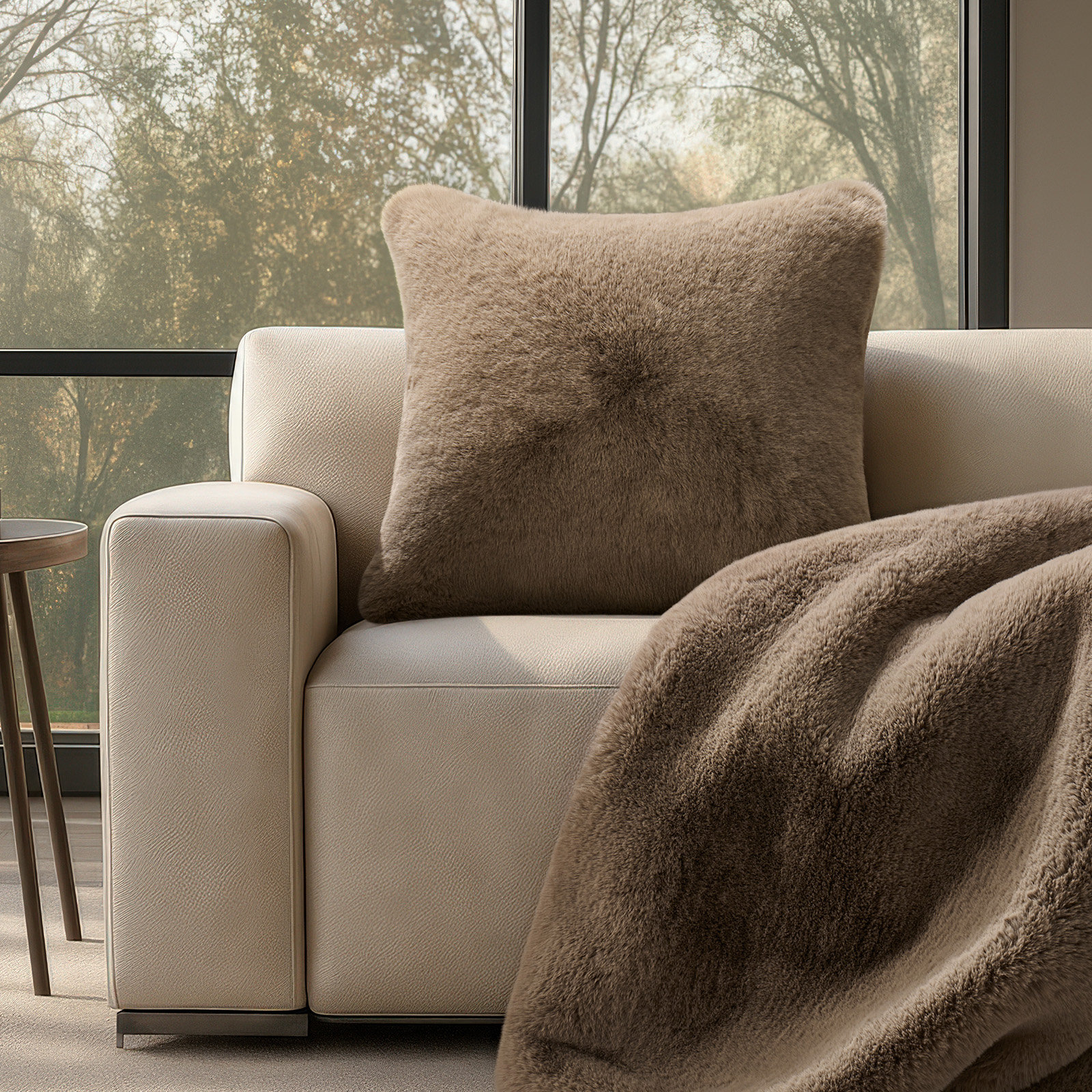 Luxury Soft Faux Chinchilla Fur Throw Pillow Cover 1 Pack, 20”x20”, Tawny Mink, Square 20"