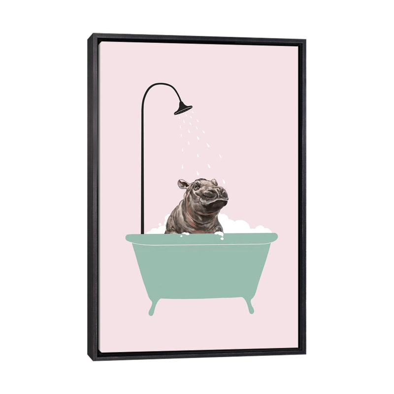 Hippopotame dans une baignoire, art encadré, H 48 po x l 32 po x P 1,5 po, Toile avec cadre noir patiné