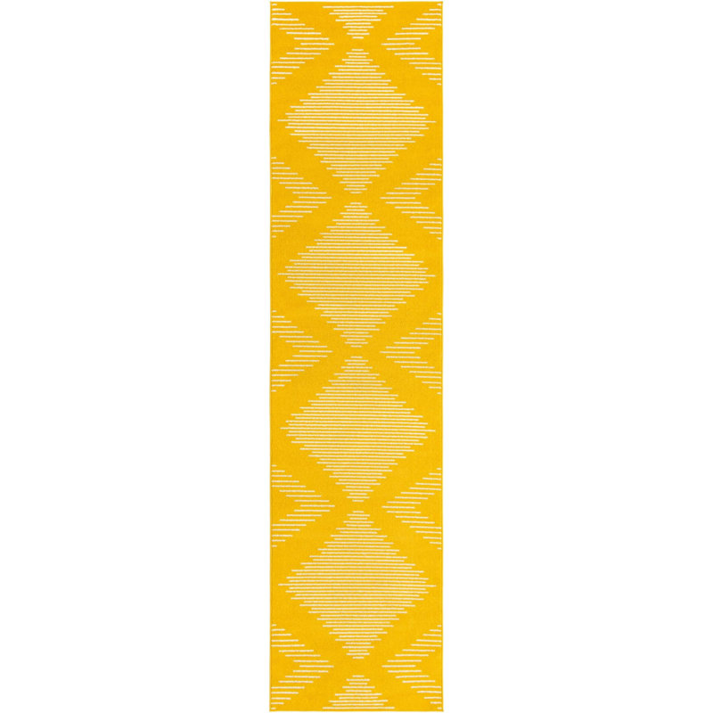 Tapis géométrique jaune en polypropylène tissé à la machine, Tapis de couloir 3 pi 3 po x 14 pi