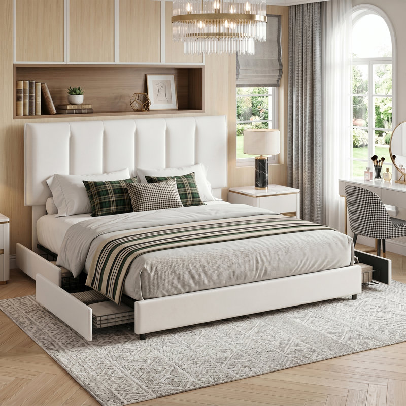 Lit plateforme tapissier avec rangement Cahlin, Lit double, Blanc