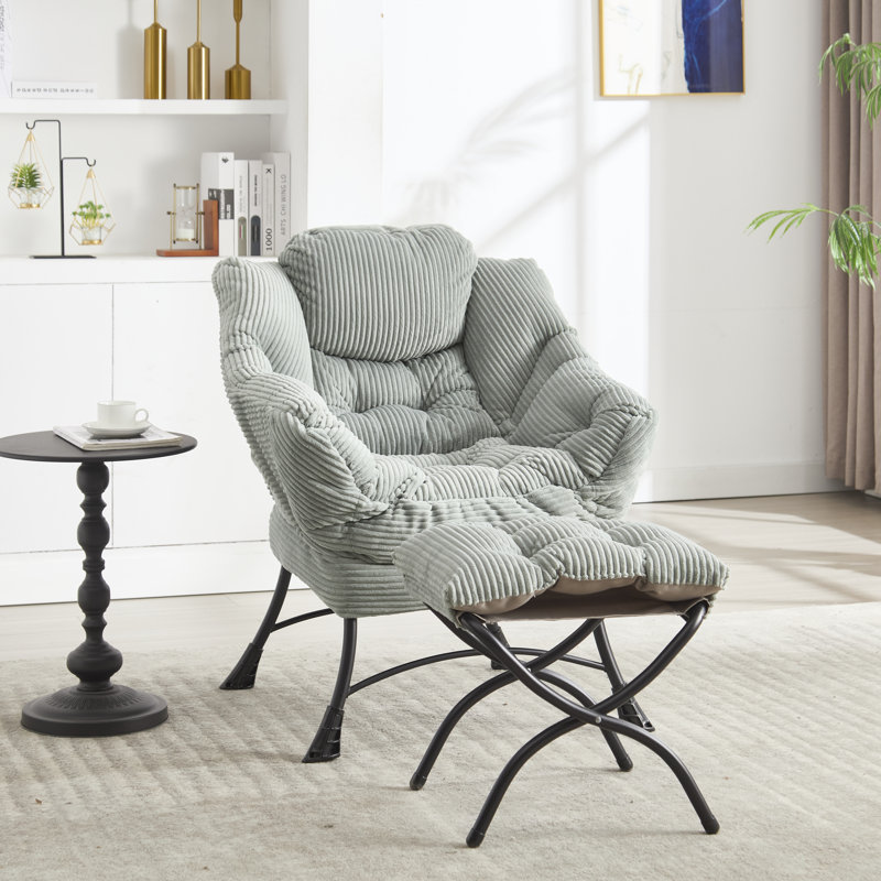 Modern Soft And Comfortable Accent Chair With Ottoman, Armrests And Side Pocket For Small Spaces, Gray Corduroy