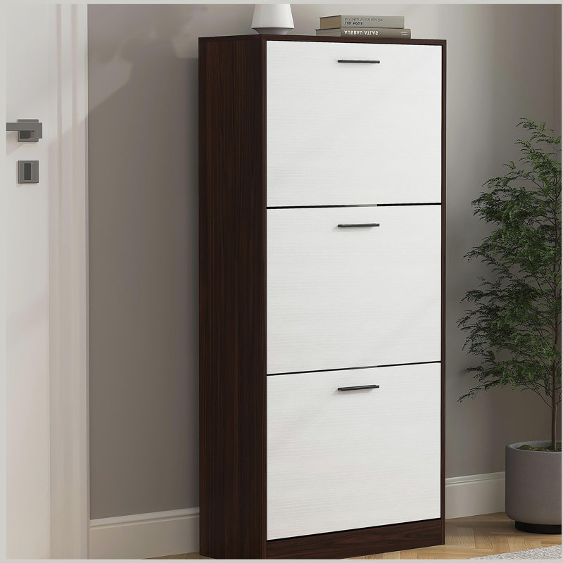 Armoire de rangement pour chaussures autoportante avec 3 portes rabattables - Organisateur étroit pour entrée avec tablettes réglables