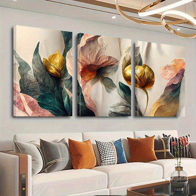 Modern Gold and Emerald Floral Canvas Wall Art Set of 3 12*8 inch- Living Room Decor