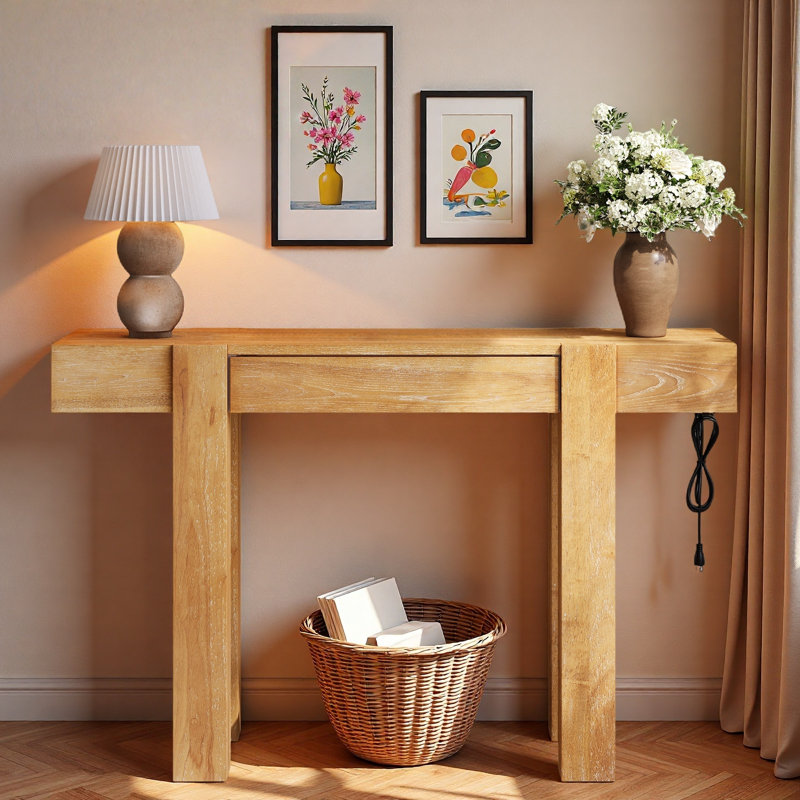 Console minimaliste avec tiroir caché et prise de courant latérale, Naturel