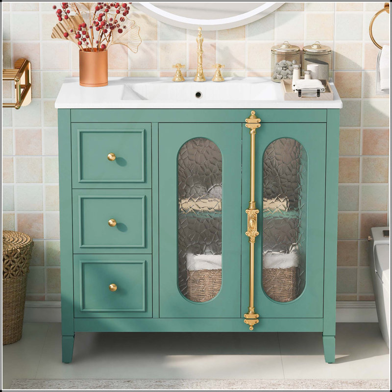 Meuble-lavabo moderne de 36 pouces avec 2 portes à fermeture douce, 3 tiroirs et une structure en bois massif durable pour un rangement efficace