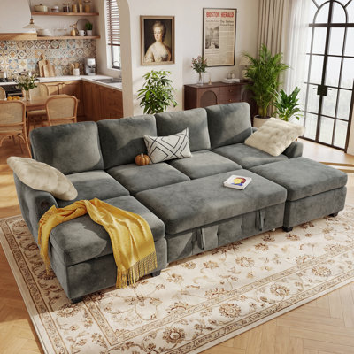 Macleod 104" Upholstered Chenille U Shaped Modular Sectional Sleeper Sofa with Pull Out Bed and Two Storage Ottomans