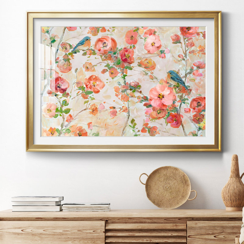 Bluebirds and Blossoms - Peinture encadrée, H 26,5 po x l 36,5 po x P 1,5 po, Cadre doré