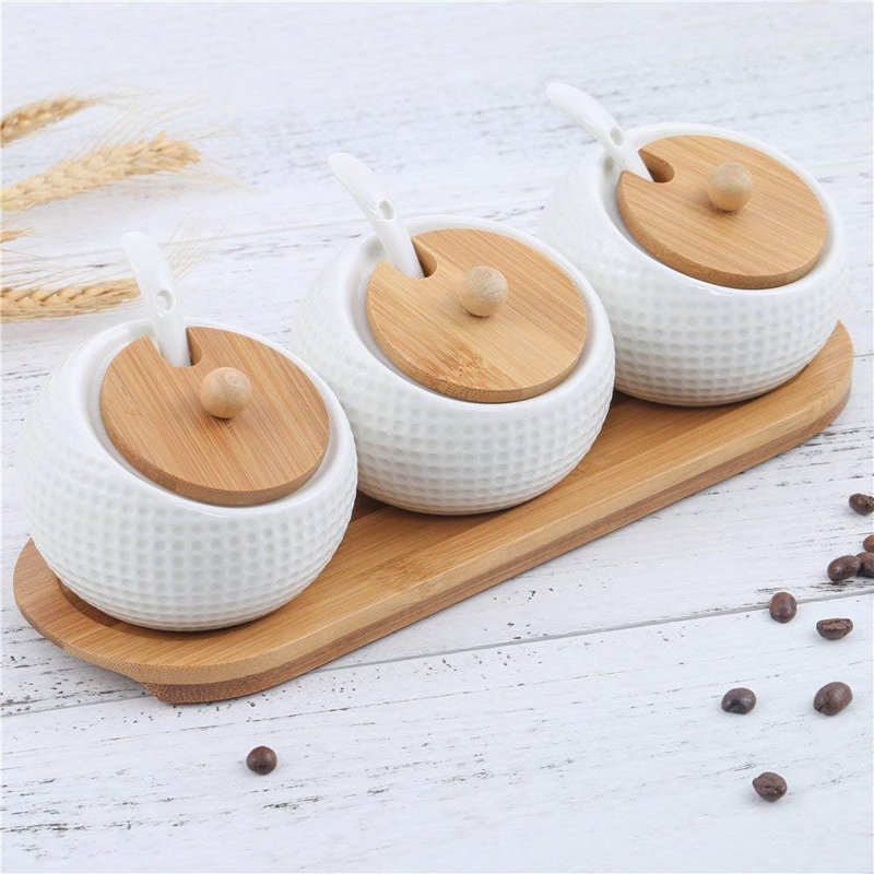 Porcelain Condiment Jar Spice Container With Lids - Bamboo Cap Holder Spot, Ceramic Serving Spoon, Wooden Tray Best Pottery Cruet Pot For Your Home, Kitchen, Counter. White,170 ML   Set Of 3