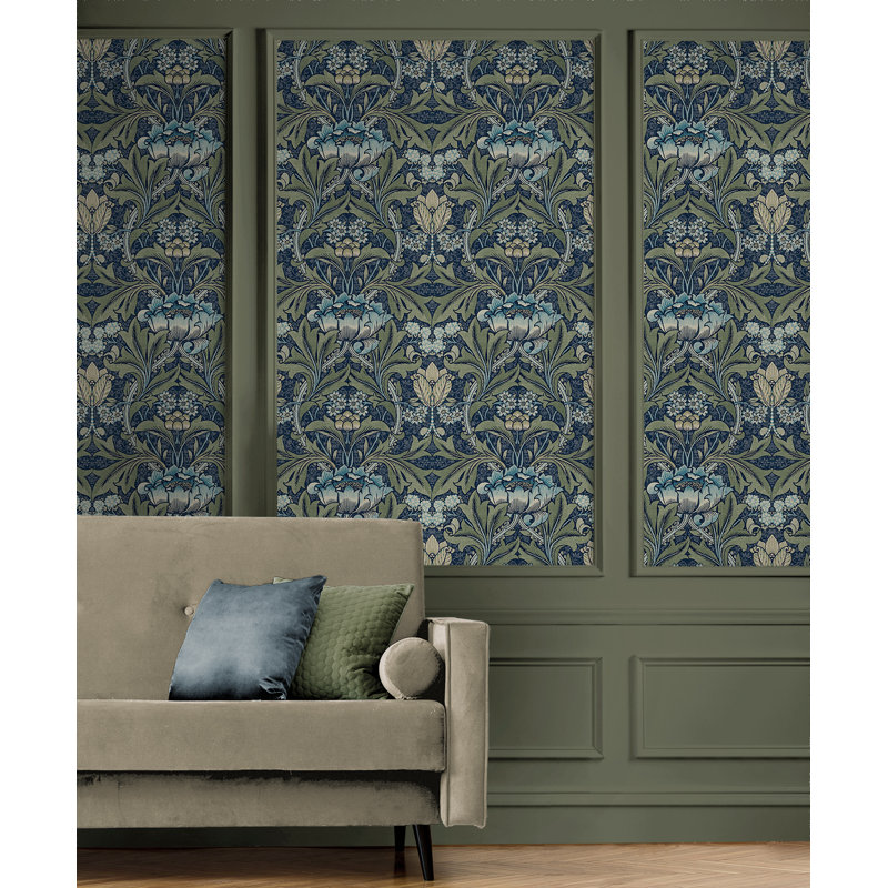 Papier peint floral Nakieshia, Denim / sauge