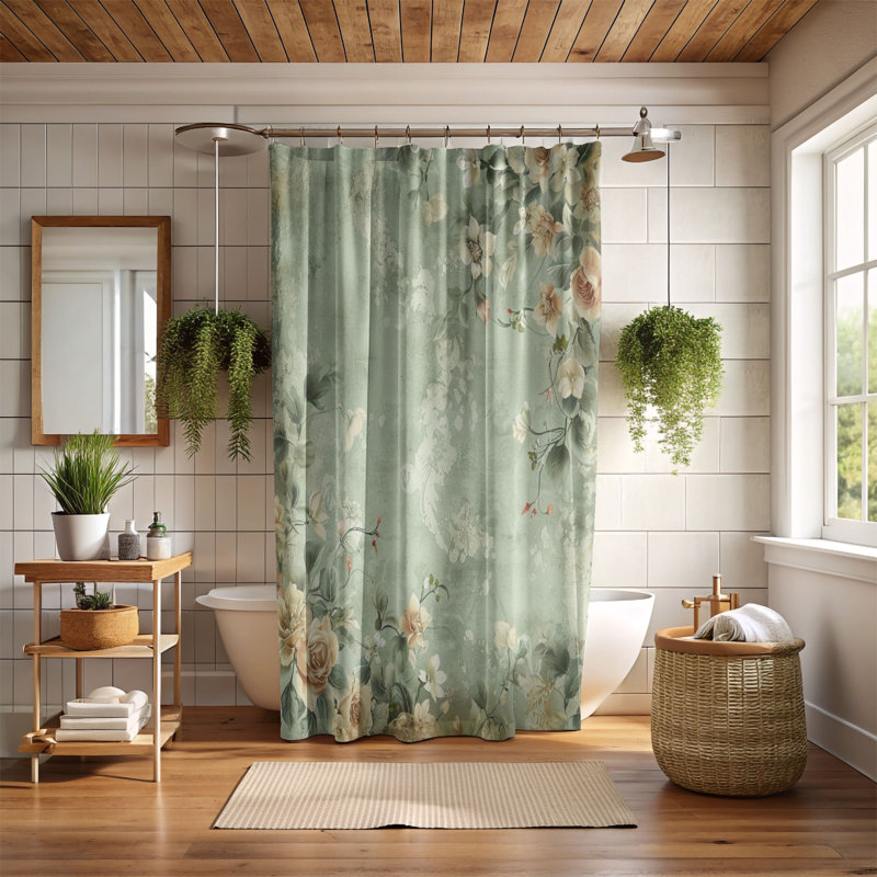 Rideau de douche standard 1 pièce Weathered Green Blossoms, H 74 po x l 71 po