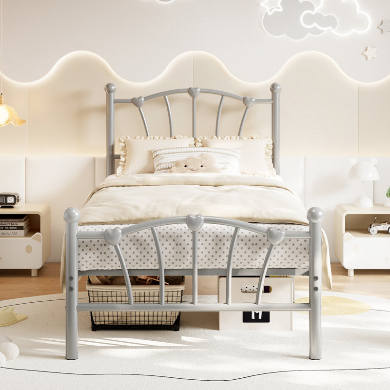 Metal Bed Frame Heart Shaped Platform with Headboard and Footboard for Kids, Noiseless, No Box Spring Needed, Gray, Twin