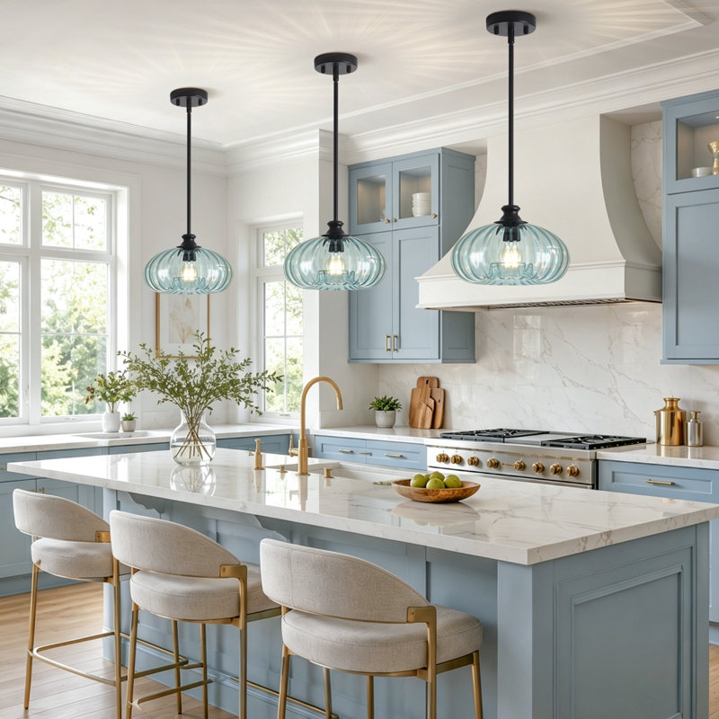 Luminaire suspendu 10,8 po en verre nervuré en forme de citrouille pour îlot de cuisine 10,8 po, Bleu