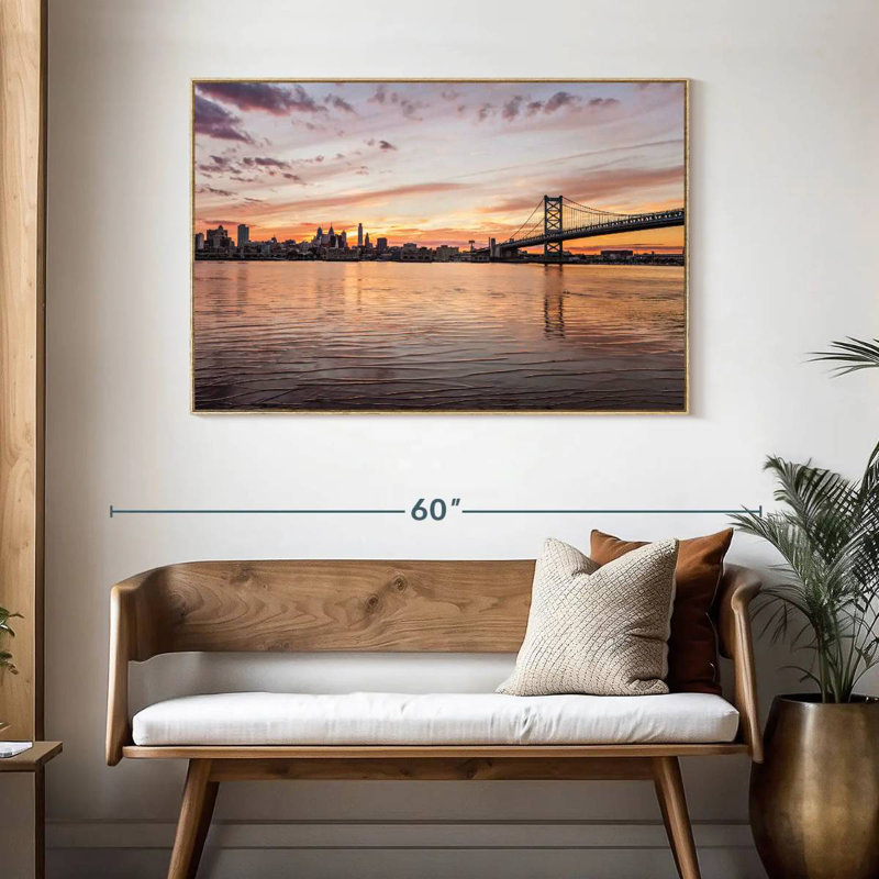 Pont Ben Franklin à couper le souffle, 46 po x 31 po, Cadre flottant en bois naturel