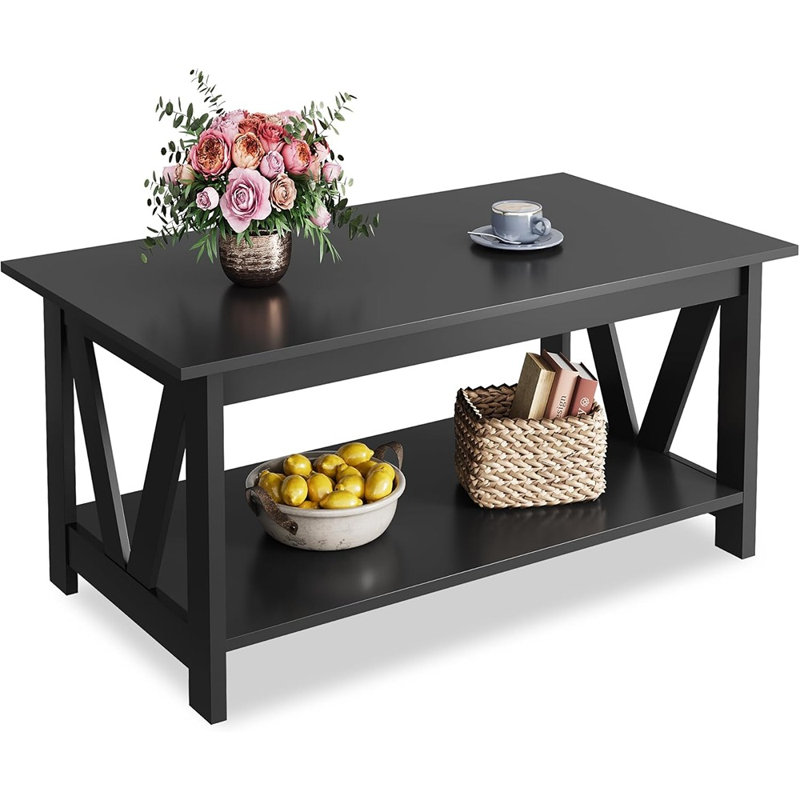 Table basse 39,4 po avec tablette de rangement, table de bout rustique en bois à 2 niveaux avec support en V pour le salon, la chambre à coucher ou le balcon (noir)