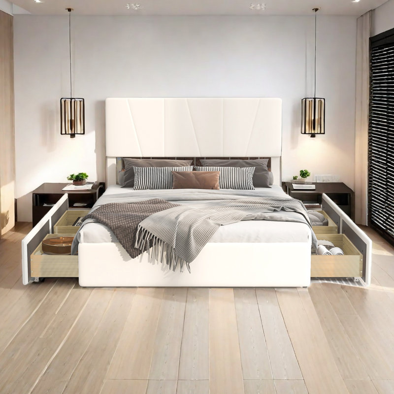 Lit plateforme avec rangement Jamarae, Beige