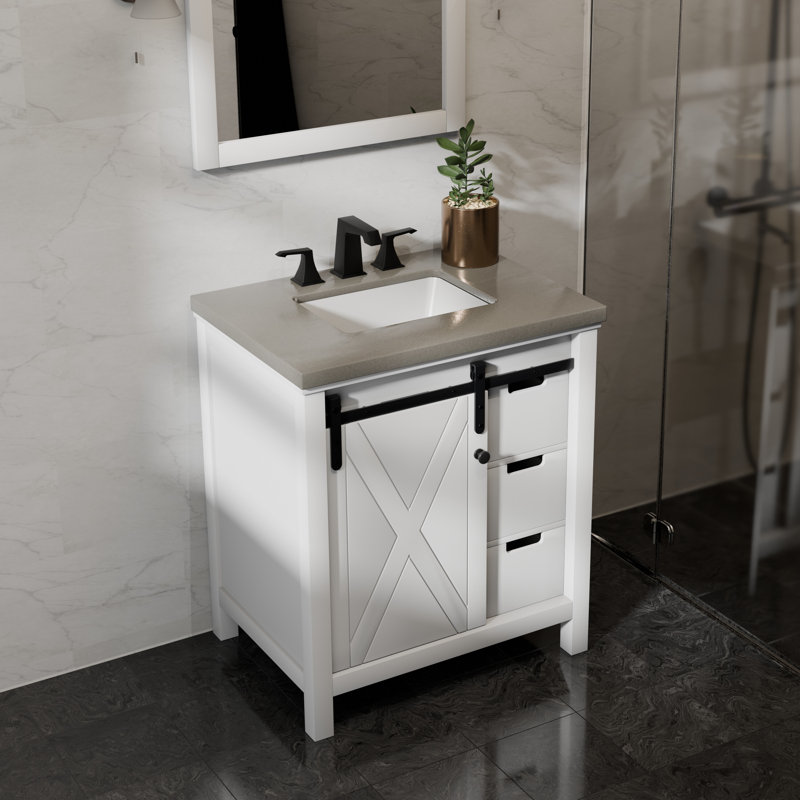 Ensemble de meuble-lavabo l 30 po x P 22 po Marsyas, robinet et miroir 28 po, Blanc, Quartz gris