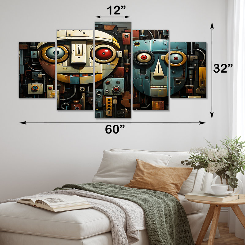«Blue and Bleige Robot Revolution - Science Fiction Multipanel», ensemble d'art mural