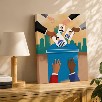Canvas A Vibrant And Dynamic Illustration Depicting Multiple Hands Of Diverse Wall Art Skin Tones Reaching Toward A Bright Blue Ballot Canvas Wall Art