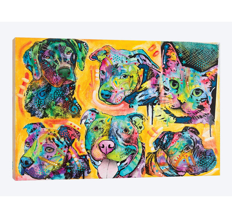 «5 Dogs And A Cat» par Dean Russo - impression sur toile tendue, H 8 po x l 12 po x P 0,75 po, Toile tendue