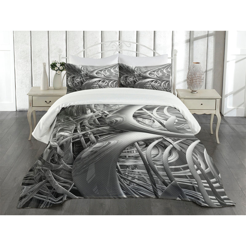Ambesonne Futuristic Bedspread Set Technologic Pattern Grey and Pale Grey, King Coverlet/Bedspread + 2 Standard Shams