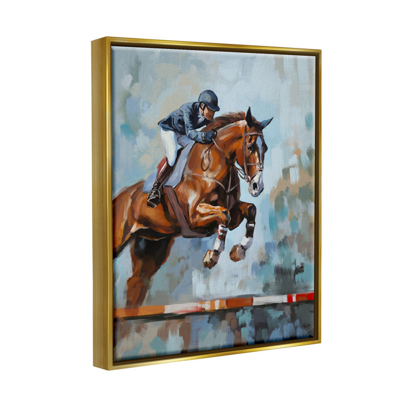 Jockey, saut d'obstacles sur bois par Ziwei Li, peinture, Cadre flottant métallique doré, H 21 po x l 17 po x P 1,7 po
