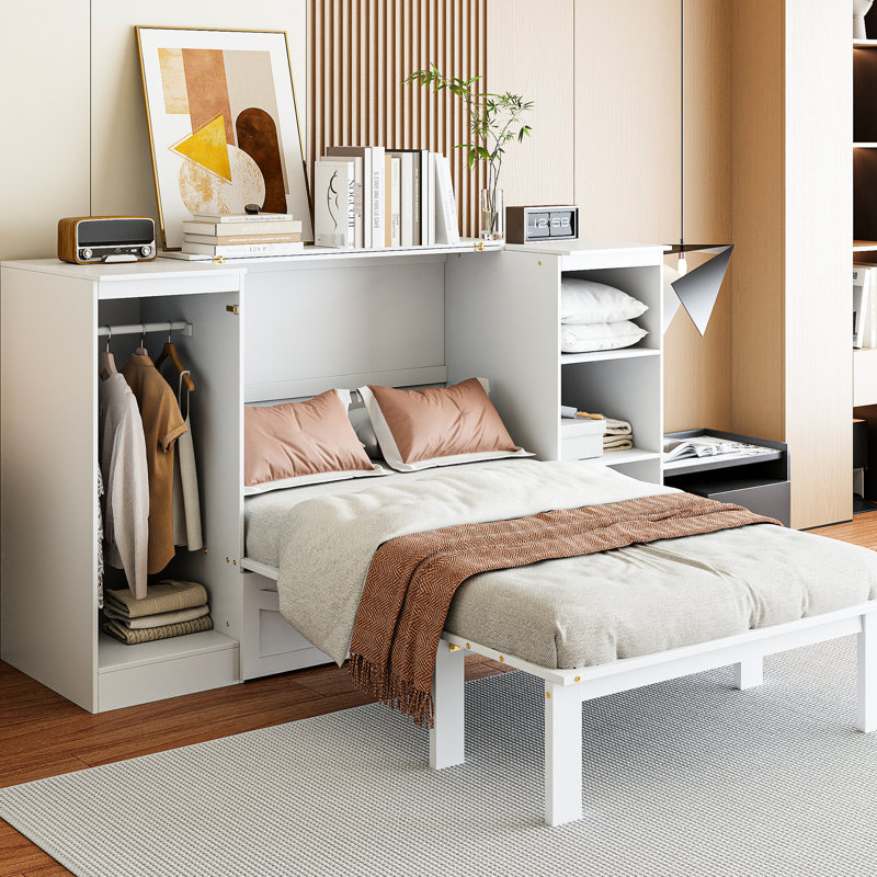 Lit simple avec garde-robe et tablettes de chevet - taille option blanche et compacte