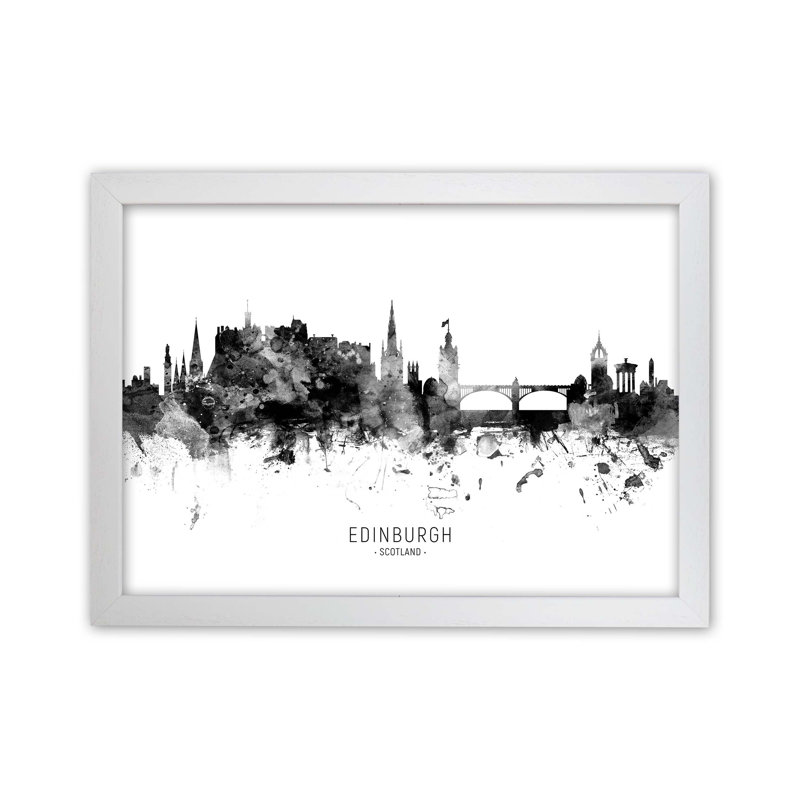 Edinburgh Scotland Skyline Black White City Name by Michael Tompsett - Print, 25cm H x 34cm W x 3cm D, White Framed