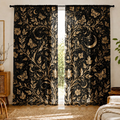 2Pcs Celestial Butterfly Floral Moon Stars Print Curtains, Gothic Botanical Art, Mystical Night Theme, Decorative Window Coverings, Ideal for Bedroom, Living Room, Aesthetic Decor, Grommet Top Hanging, Darkening Fabric