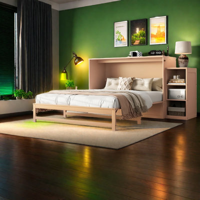 Grand lit escamotable avec rangement, mélange de MDF de pin, conception moderne pour les maisons compactes