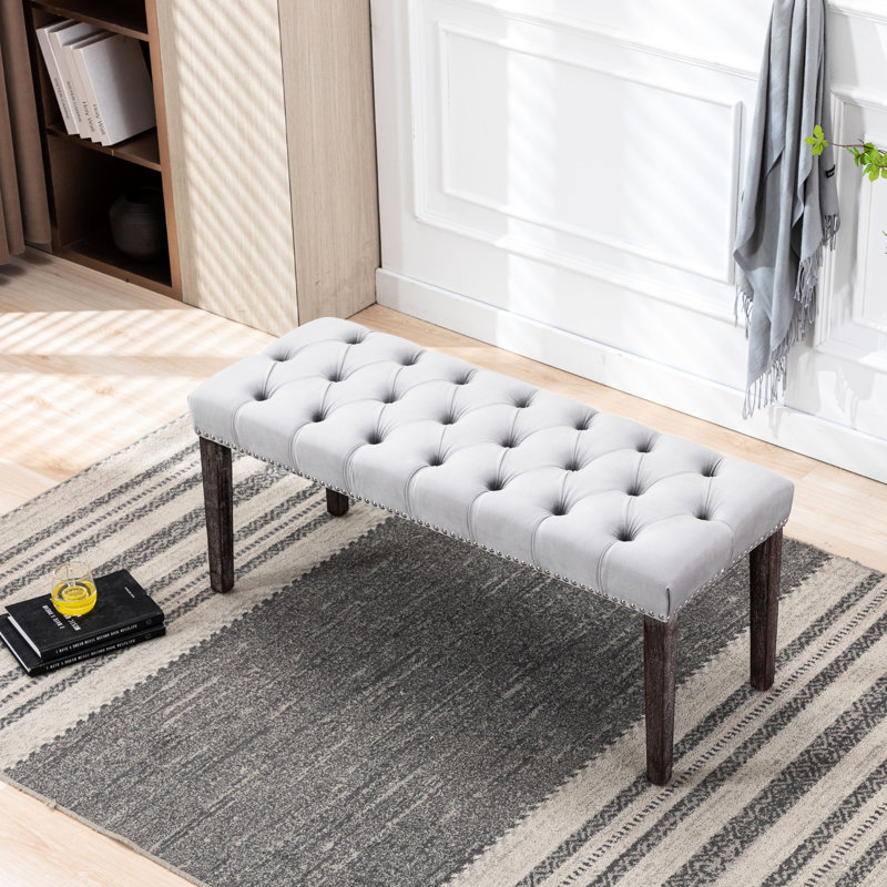 Banc gris rembourré pour la salle à manger et le garage, coussin en velours, pieds en bois d'hévéa, assemblage facile, protection des planchers, couloir d'une hauteur de 19,24 po, coussin rembourré d'éponge, capacité de 330 lb