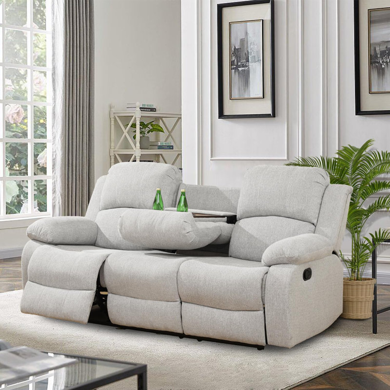 Canapé inclinable avec accoudoirs à plateau-coussin 78,5 po avec table rabattable et porte-gobelets, Lin gris