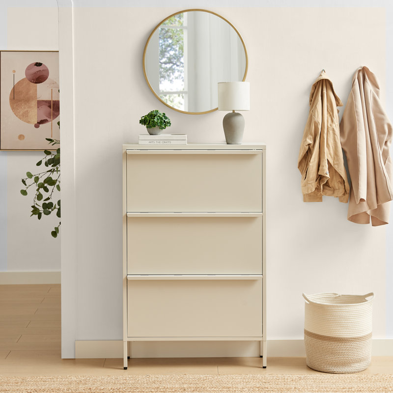 Erka Sleek Modern Metal Hallway Shoe Storage Cabinet With 3 Compartments - Bold Minimalist Style, Cream