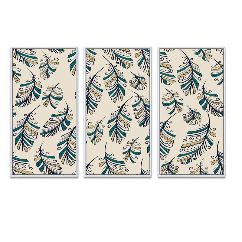 Green Boho Feathers - 3 pièces, reproduction sur toile, H 20 po x l 36 po x P 1 po, Cadre blanc