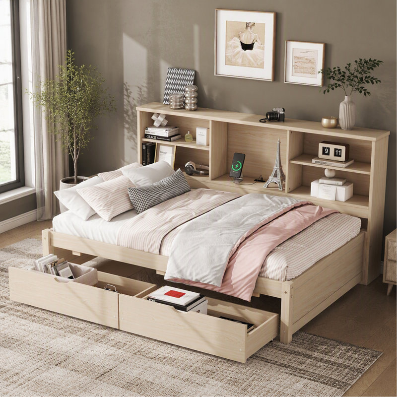 Cadre de lit simple avec tablettes latérales, deux tiroirs et port USB intégré pour une couleur naturelle, Naturel