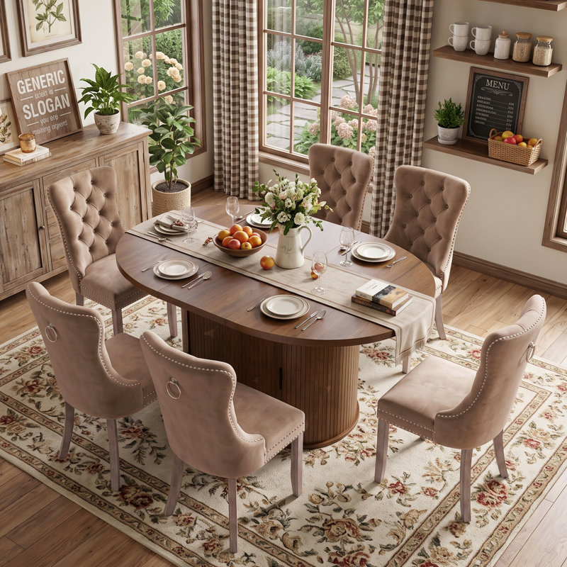 Ensemble 7 pièces de cuisine et salle à manger de ferme avec table à piédestal extensible, rangement fermé et chaises capitonnées